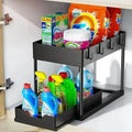 Under Sink Organizer, Sliding Cabinet Basket Organizer, Storage Rack with Hooks, Hanging Cup, Bathroom Kitchen Organizer, 2 Tier