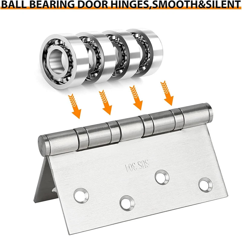 304 Stainless Steel Door Hinges with Ball Bearing, Non-Removable Pin, Heavy Duty for Exterior Interior Doors, 4 in, 5 in, 2PCs