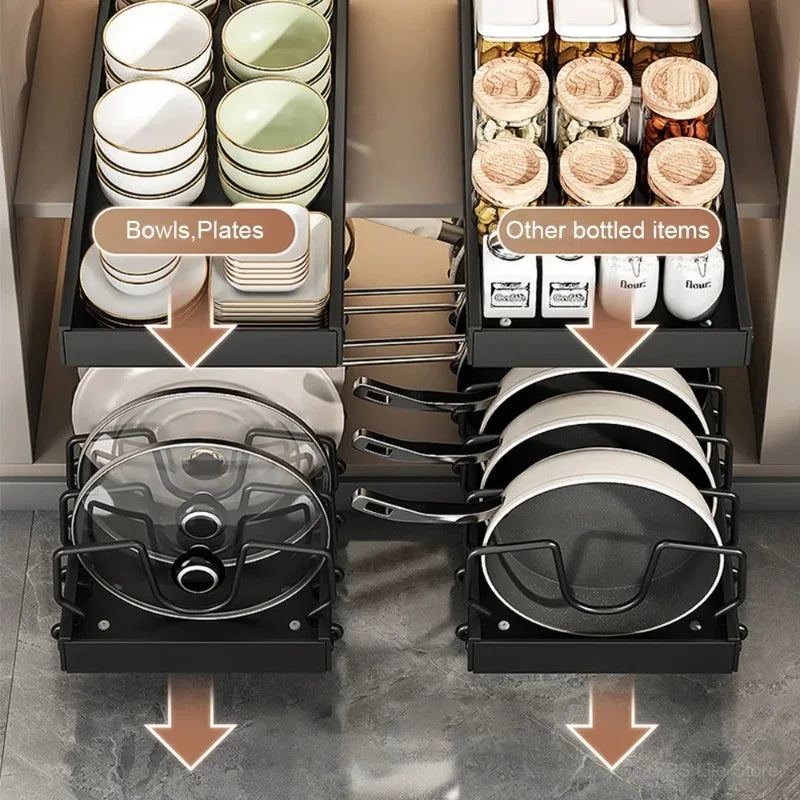 Hot-selling multifunctional kitchen pull-out cookware/frying pan sliding lid rack, spice rack, and bowl and plate drawer storage