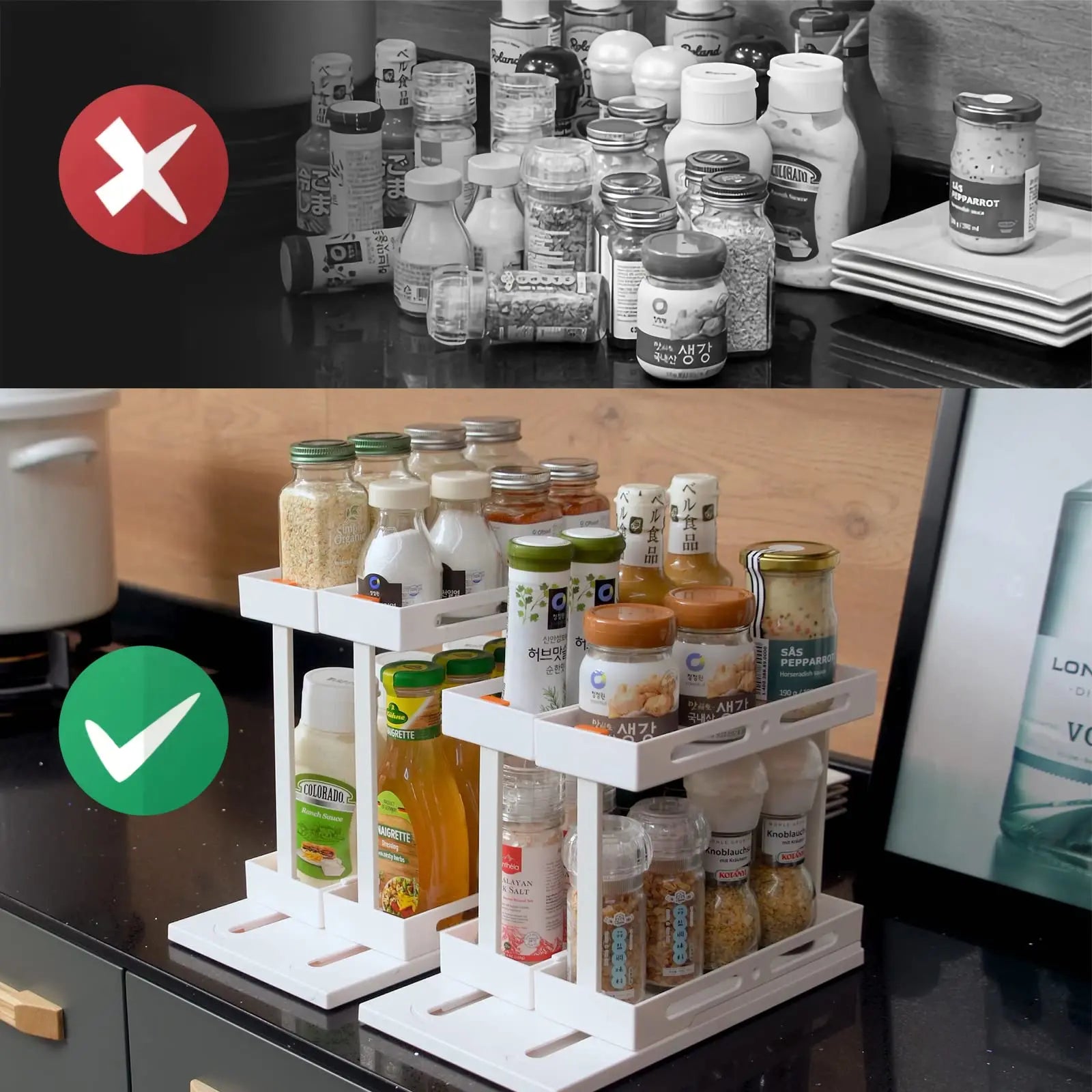 2 Tier Pull-out and Rotate Kitchen Spice Rack Multi-Function Seasoning Organizer for Kitchen Cabinet Pantry Counter-Top Supplies
