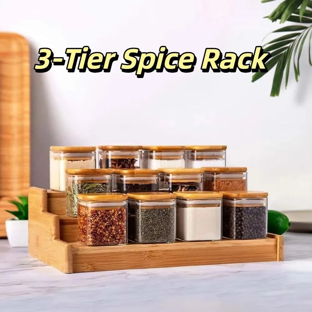 Solid Wooden 3-Tier Spice Rack Space-Saving Spice Display Spice Jar Storage Set Durable Multi-Tier Kitchen Spice Organizer