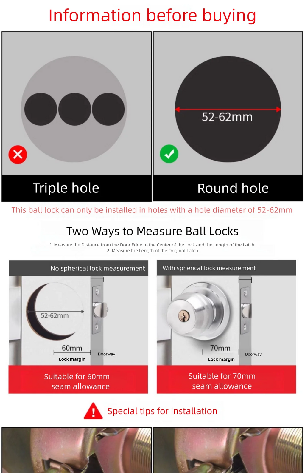 Interior Round Ball Door Knobs, Key Handles, Stainless Steel Locksets for Bathroom, Bedroom