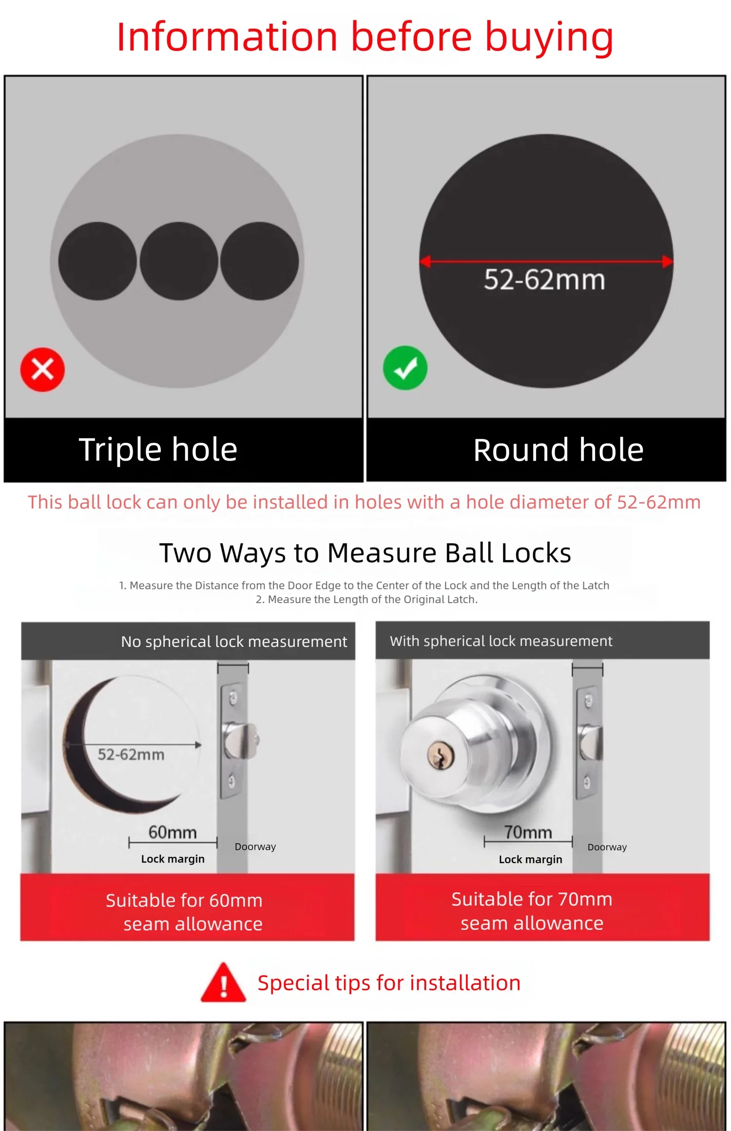 Interior Round Ball Door Knobs, Key Handles, Stainless Steel Locksets for Bathroom, Bedroom