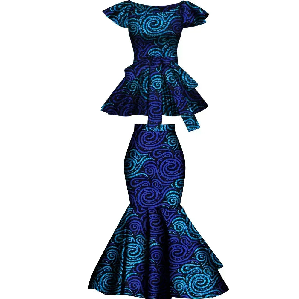 African Two Pcs Set Flared Skirt and Top Dashiki Wax Print Cotton Plus Size Party Clothing WY10076