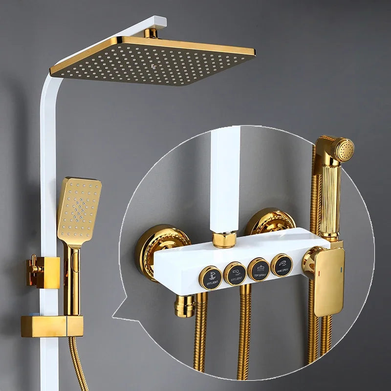 Thermostatic Bathroom Shower Set White Gold Bathroom Faucet Accessories 12 Inch Rain Shower Head Hot Cold Bathroom Shower System