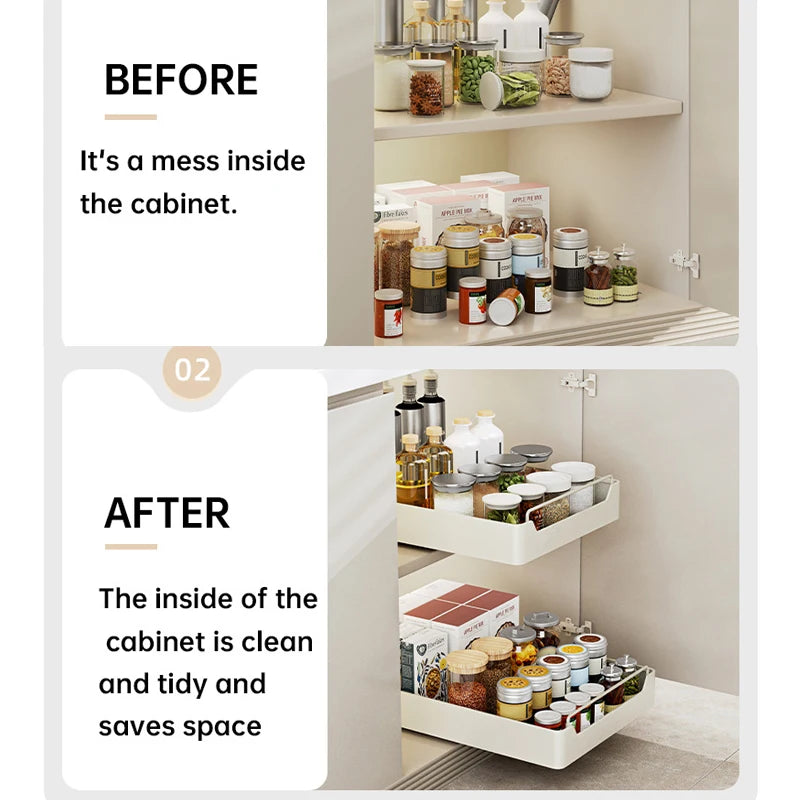 1Pc Dish Rack Kitchen Storage Box with Sliding Rail Pull-out Cabinet Storage Rack Spice Pantry Shelves Drawer Kitchen Organizer