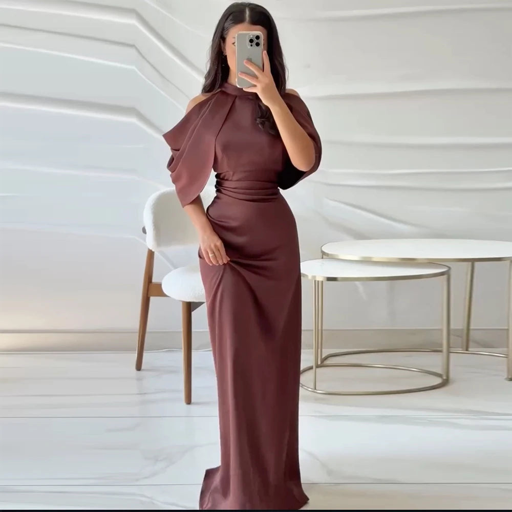 Burgundy Mermaid Evening Dresses Pleated Elegant Party Dress with Cap Sleeves Floor Length Formal Night Gowns for Women