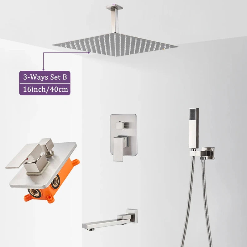 Brushed Nickel Brass Shower Faucet 2/3 Ways Shower Sets Rainfall Shower Head Mixers with Embed Box Bathroom Taps Hot Cold Water