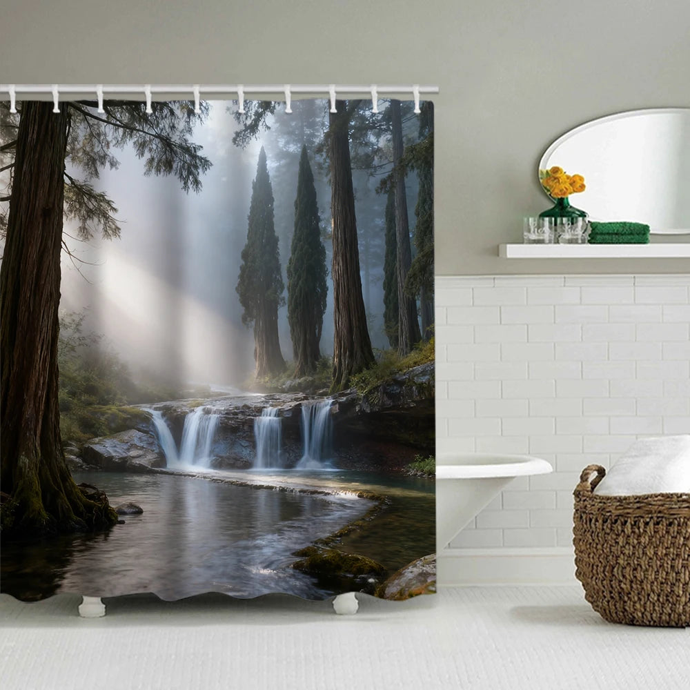 1/4 Forest Waterfalls  print shower Curtains, Toilet Seat Decoration, Shower Curtain with Carpet and Toilet Lid, 70.8x70.8 inch
