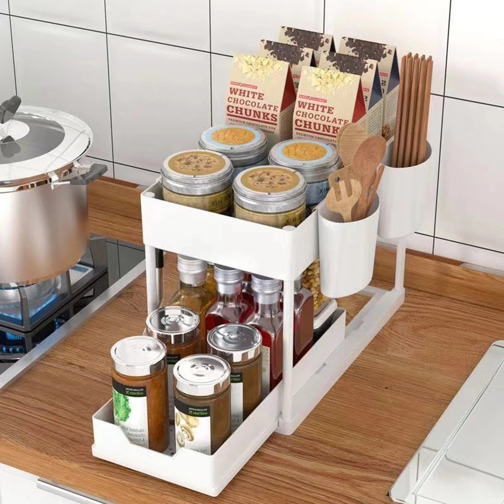 Double-Layer Pull-Out Kitchen Storage Rack, Non-Slip and Stable, Multifunctional Storage Box with Five Hooks, Under-Sink Brush Double-Layer Drawer Storage Rack, Suitable for Kitchen and Bathroom Countertop Sink Storage