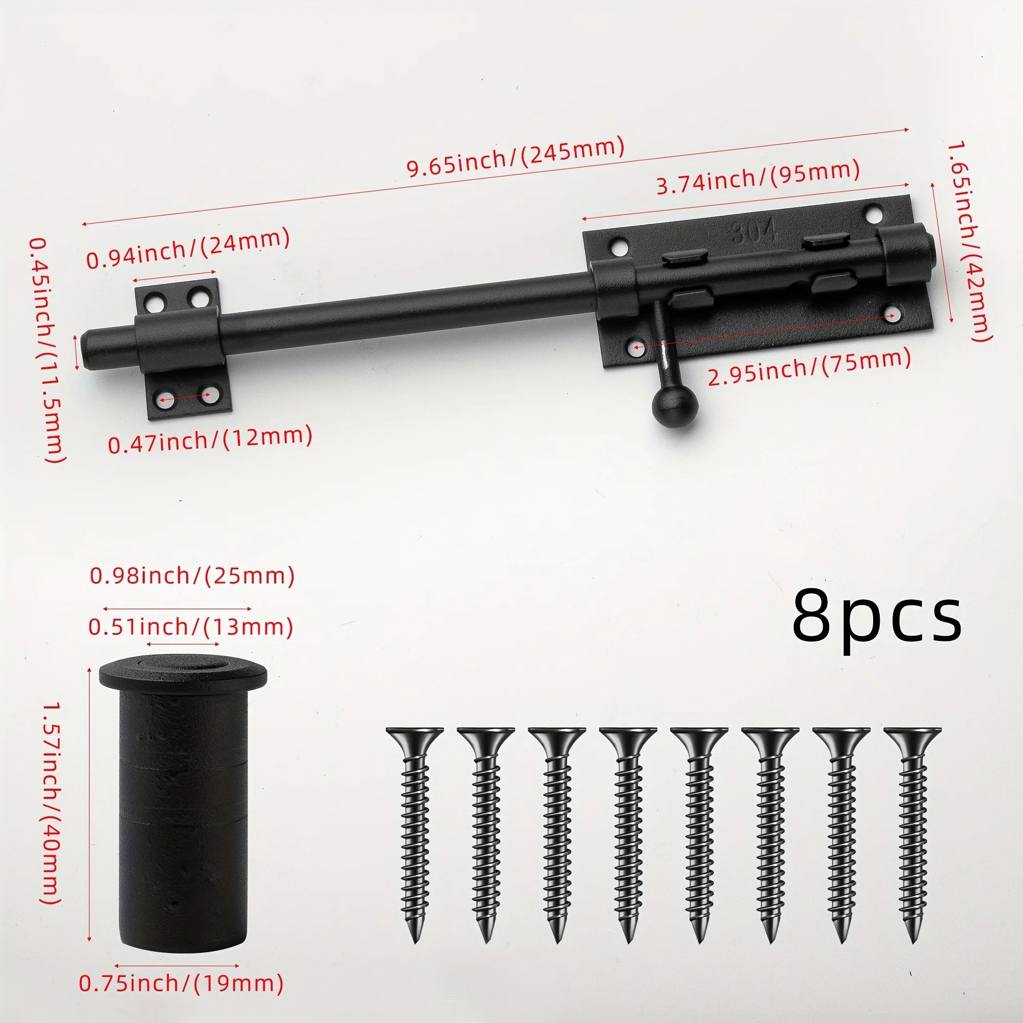 Sliding Bolt Latch Hardware：Cylindrical Bolt Latch，Heavy Solid 304 Stainless Steel，Black Surface，Applicable  Outdoor Latches