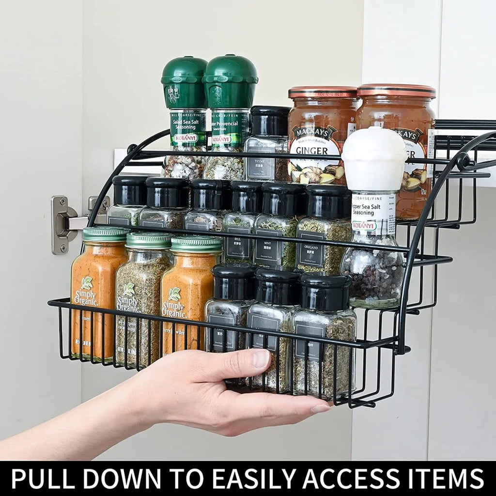 Pull-Out Spice Organizer, Metal Kitchen Cabinet Storage Rack, Space-Saving 3-Tier Shelf for Condiments & Jars