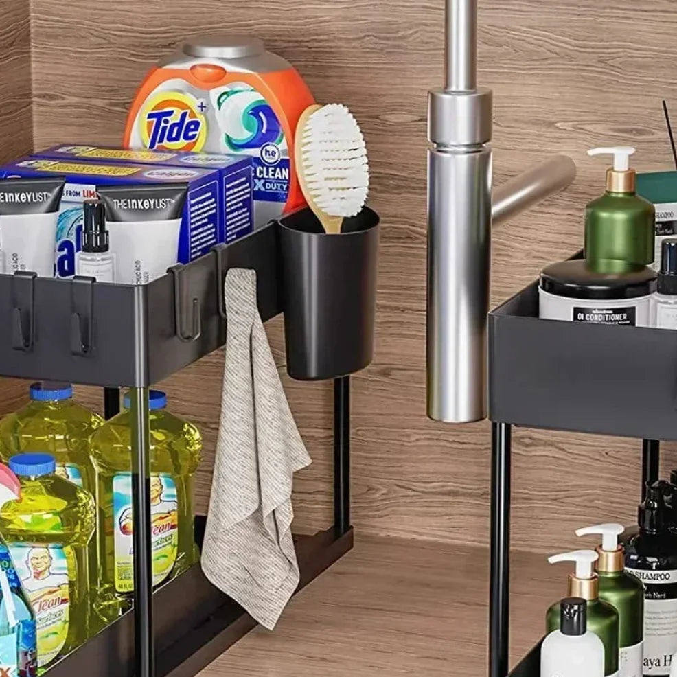 Under Sink Organizer Sliding Cabinet Basket Organizer Storage Rack with Hooks Hanging Cup Bathroom Kitchen Organizer