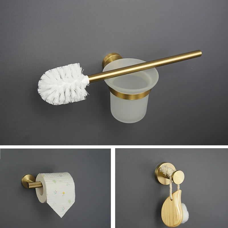 Stainless Steel Gold Brushed Bathroom Toilet Accessories Hardware Set Towel Hook Wall Mounted Paper Holder Toilet Brush Holder