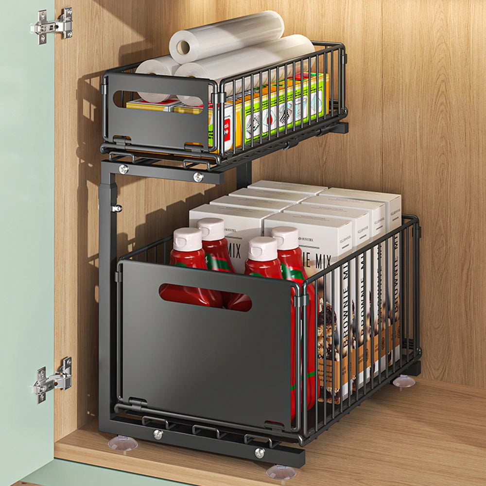 2-Tier Pull Out Cabinet Organizer Drawer Height Adjustable Kitchen Rack for Cabinet Under Sink Organizer Spice Jar Storage Shelf