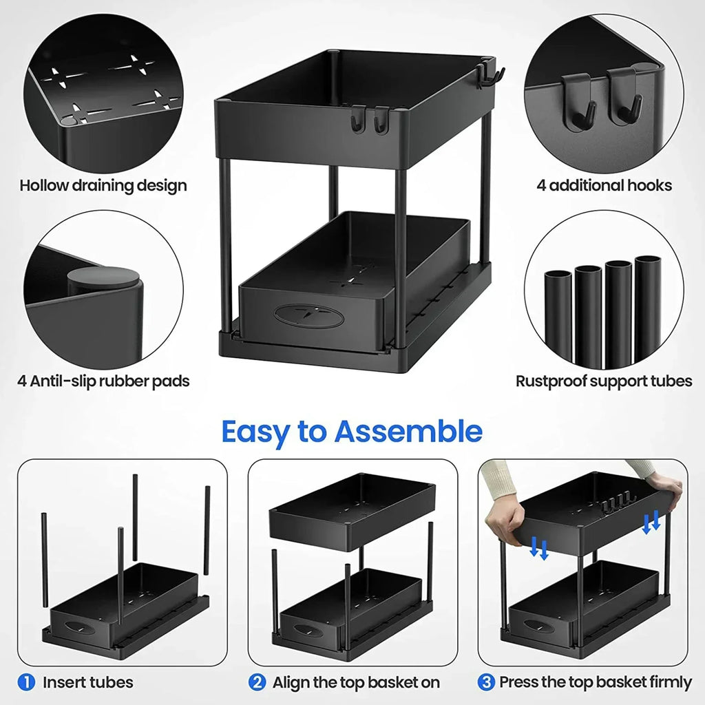 2 Tier Under Sink Organizer Sliding Cabinet  Organizer Storage Rack with Hooks Hanging Cup Bathroom Kitchen Organizer