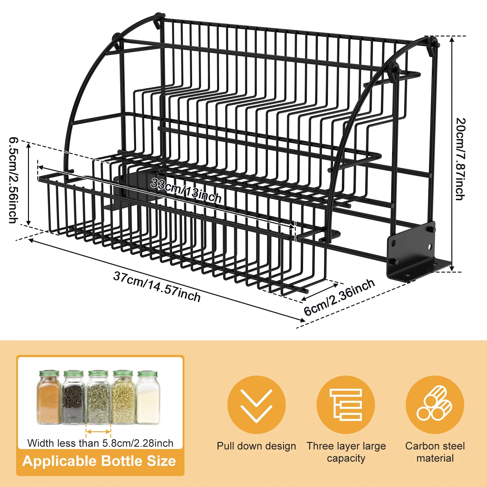 3-Tier Kitchen Storage Rack Metal Pull Down Spice Rack Large Capacity Inside Cabinet Riser Shelf Home Seasoning Bottle Organizer