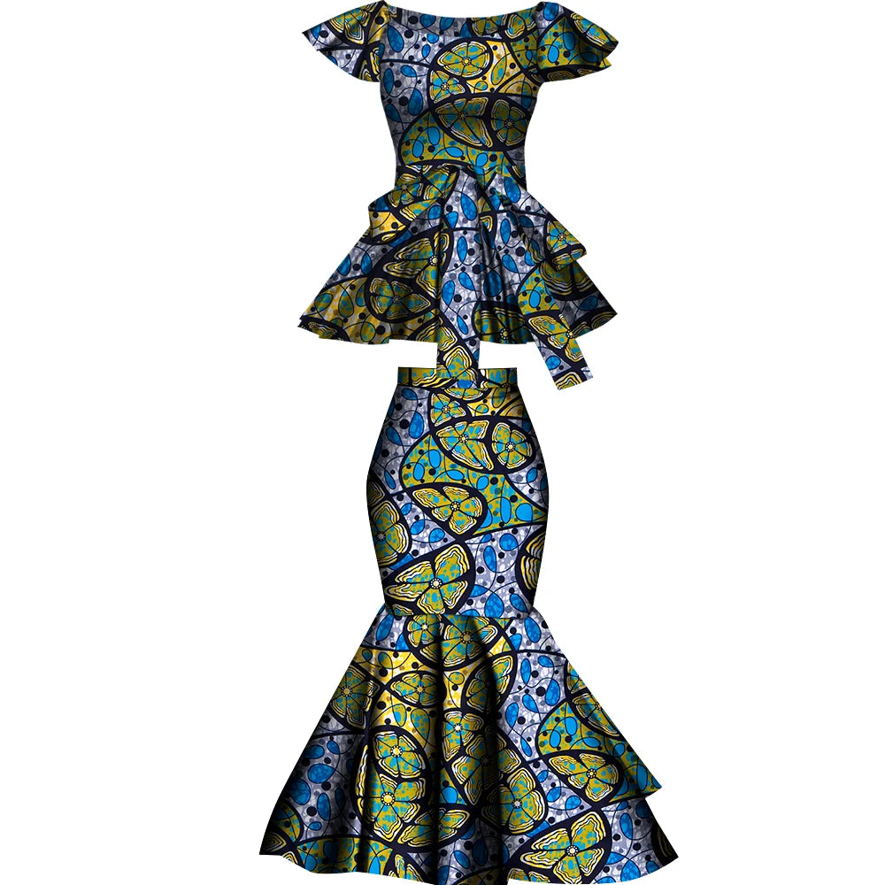 African Two Pcs Set Flared Skirt and Top Dashiki Wax Print Cotton Plus Size Party Clothing WY10076