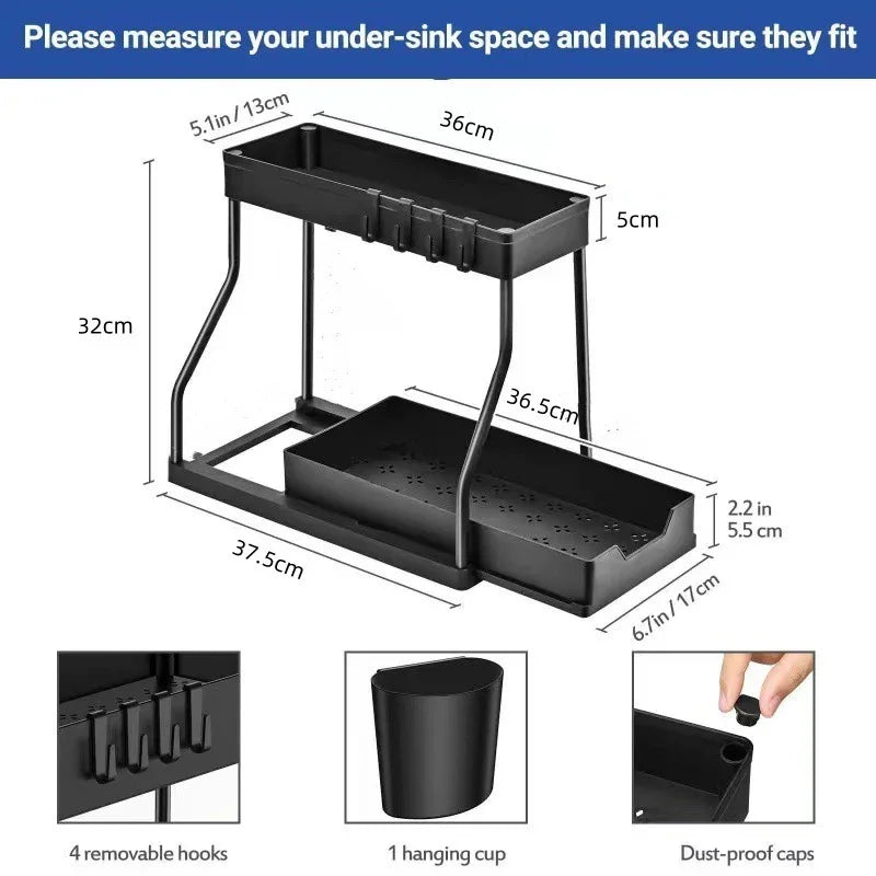 Under Sink Organizers 2 Tier Under Bathroom Cabinet Holder With Hooks & Hanging Cup, Multi-Purpose Storage Shelf For Kitchen
