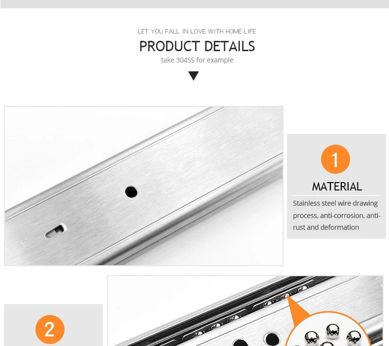 Buffer Damper Rails 10"-22" Stainless Steel Cabinet Slides Soft Close Three-Section Drawer Rails Drawer Slides Hardware