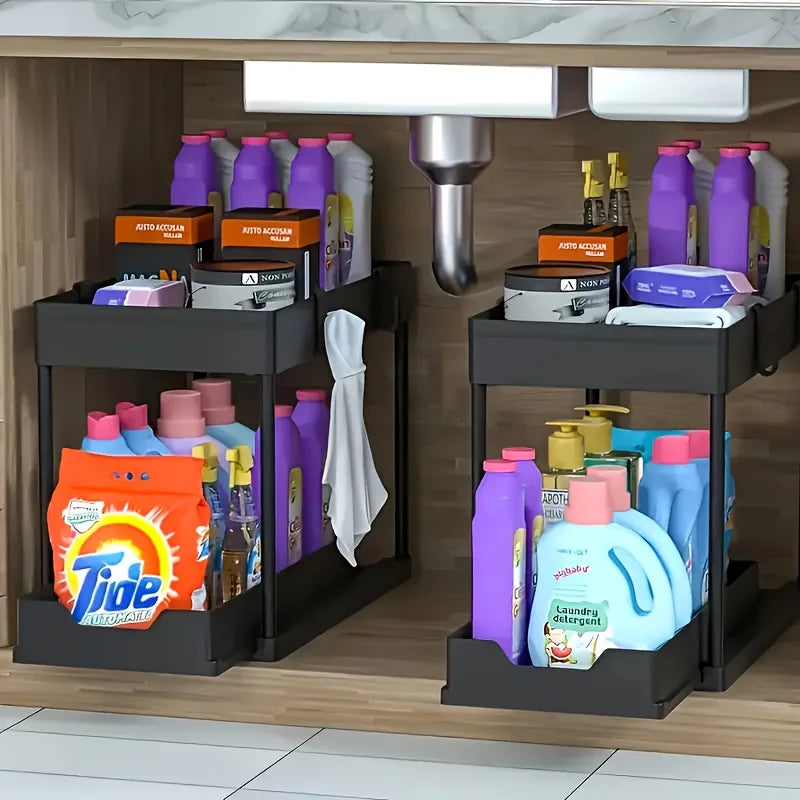 Under Sink Organizer, 2 Tier Sliding Cabinet Storage Basket with Hooks, Purpose Bathroom & Kitchen Organizer Shelf for Bathroom