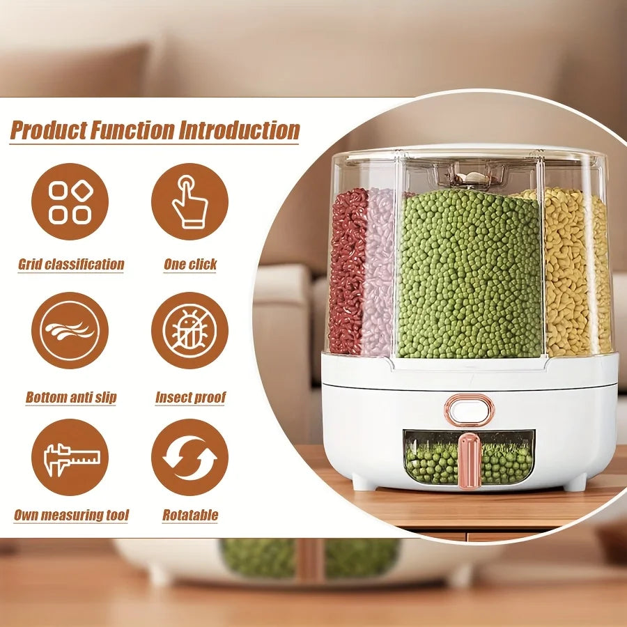 6-Compartment 360° Rotating Airtight Food Storage Container - Moisture-Proof for Cereal, Candy, Rice - Kitchen Pantry Organizer