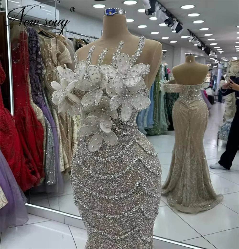 2026 Customized Champagne Evening Dresses 3D Beaded Flowers Women Prom Dress Robes De Soiree Pearls Mermaid Cocktail Party Gowns