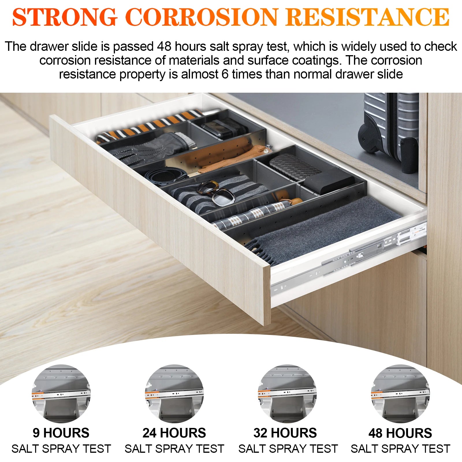 1 pair of full extension rails for 10, 12, 14, 16, 18, 20, 22, 24 inch drawers, 100 lb load capacity metal bearing with ball