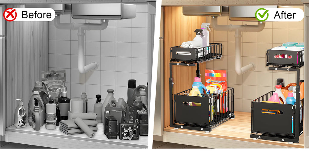 2 Tier Under Sink Organizer Adjustable Pull Out Cabinet Organizer Slide Out Kitchen Storage Racks Thickened Metal Sliding Drawer