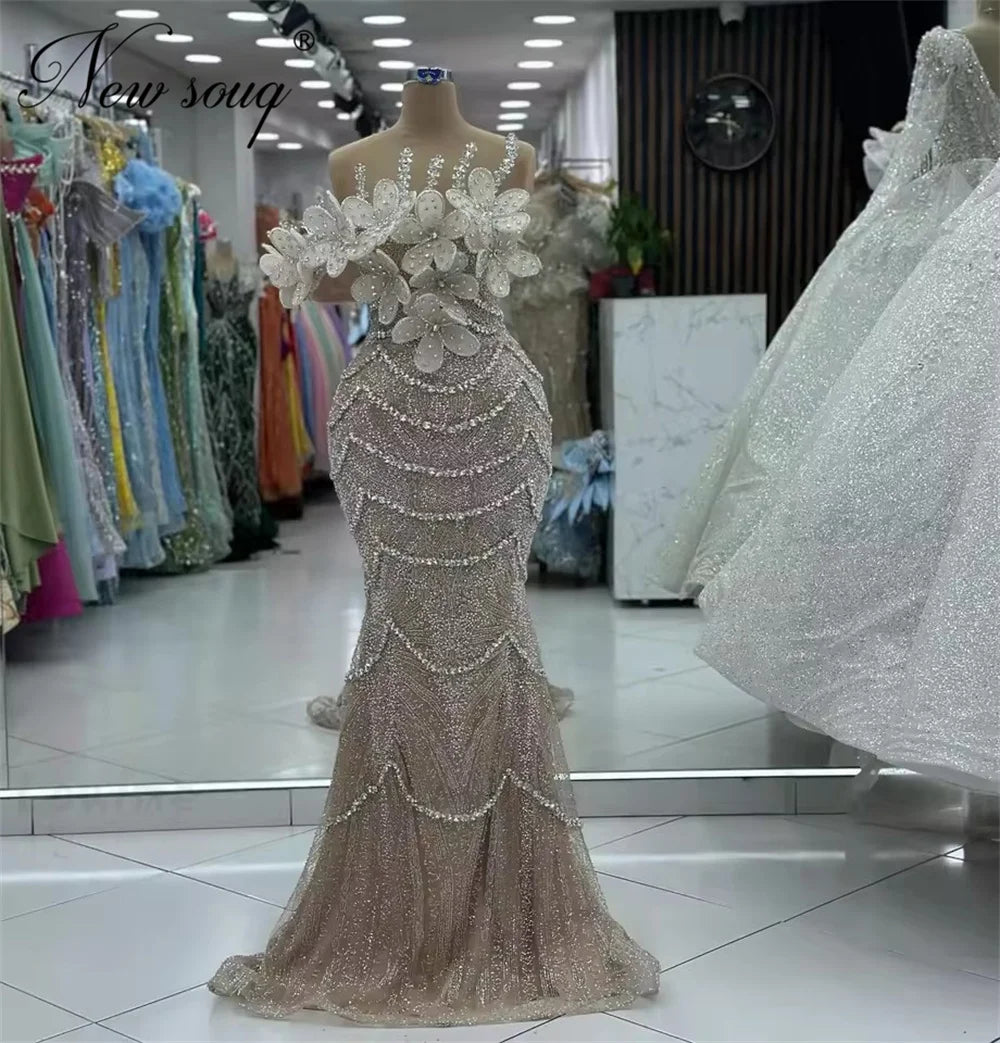 2026 Customized Champagne Evening Dresses 3D Beaded Flowers Women Prom Dress Robes De Soiree Pearls Mermaid Cocktail Party Gowns