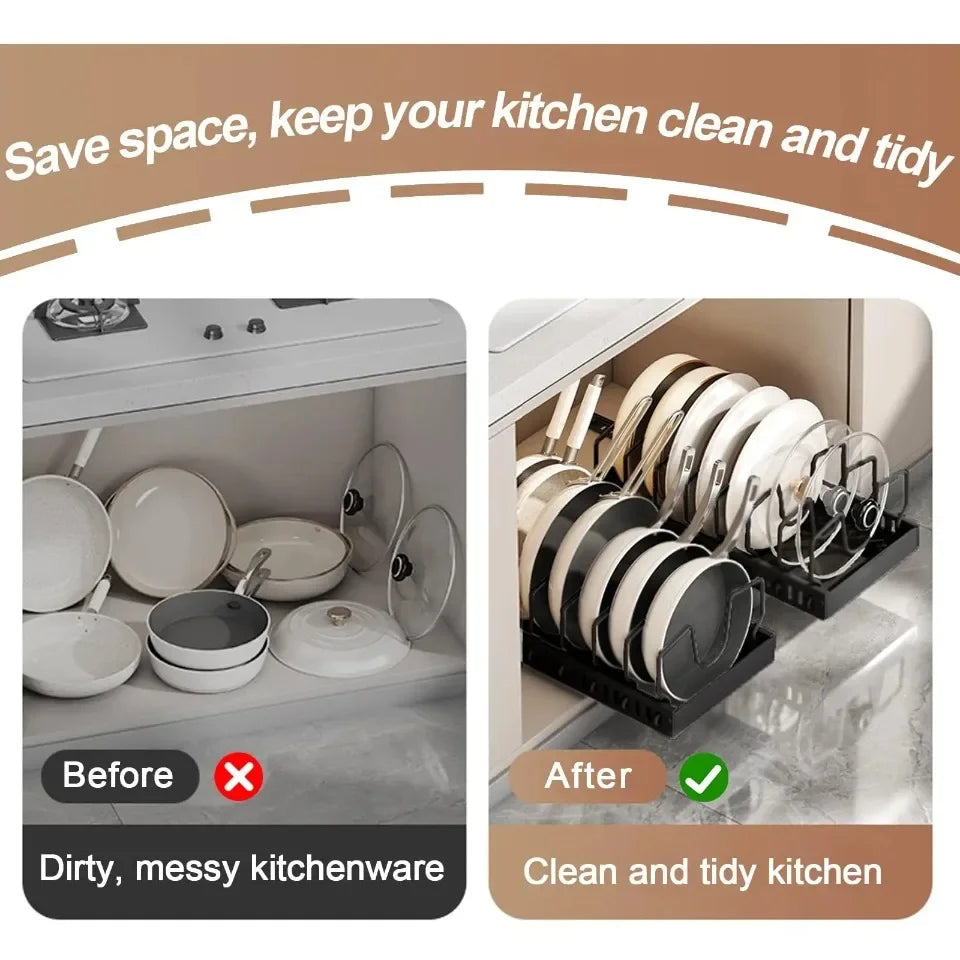 Kitchen Pull-Out Pot Rack Adjustable Cupboard Trays Dishes Partition Shelf with Slide Rails Organizer Tray Drawer Storage Racks