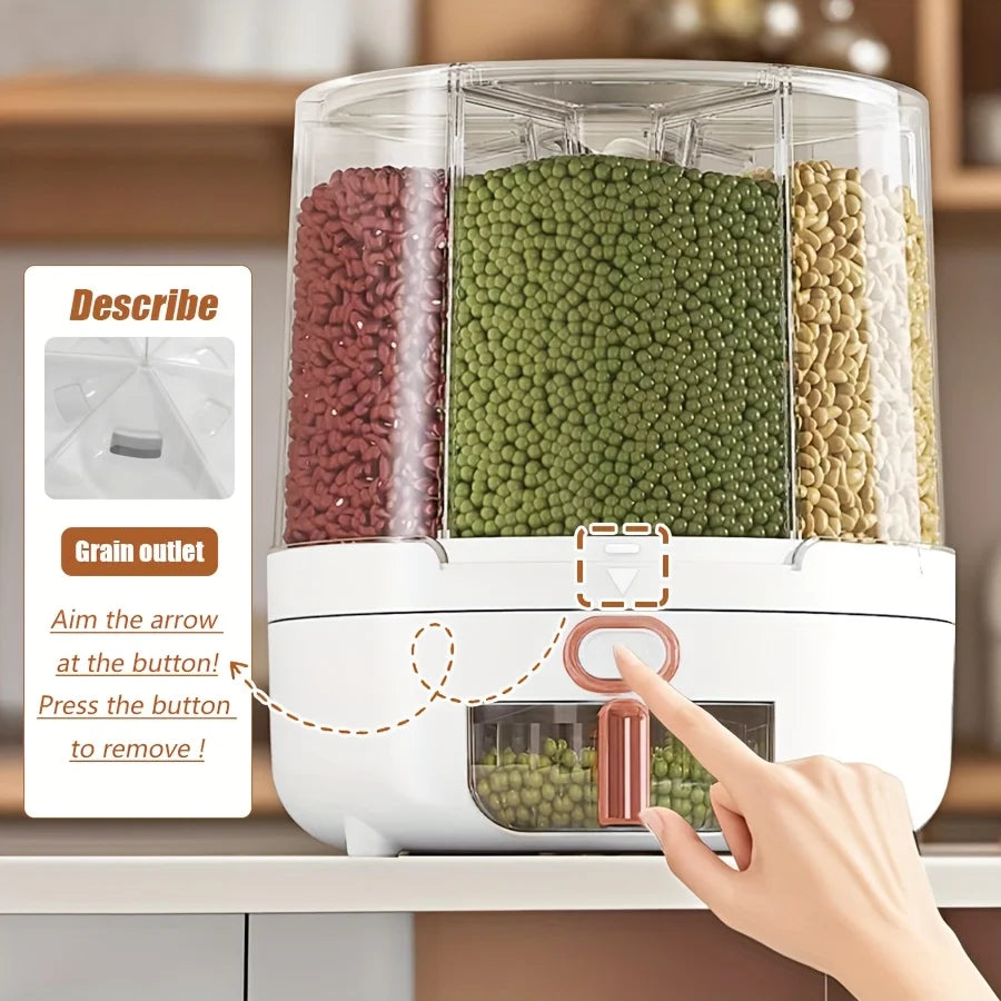 6-Compartment 360° Rotating Airtight Food Storage Container - Moisture-Proof for Cereal, Candy, Rice - Kitchen Pantry Organizer