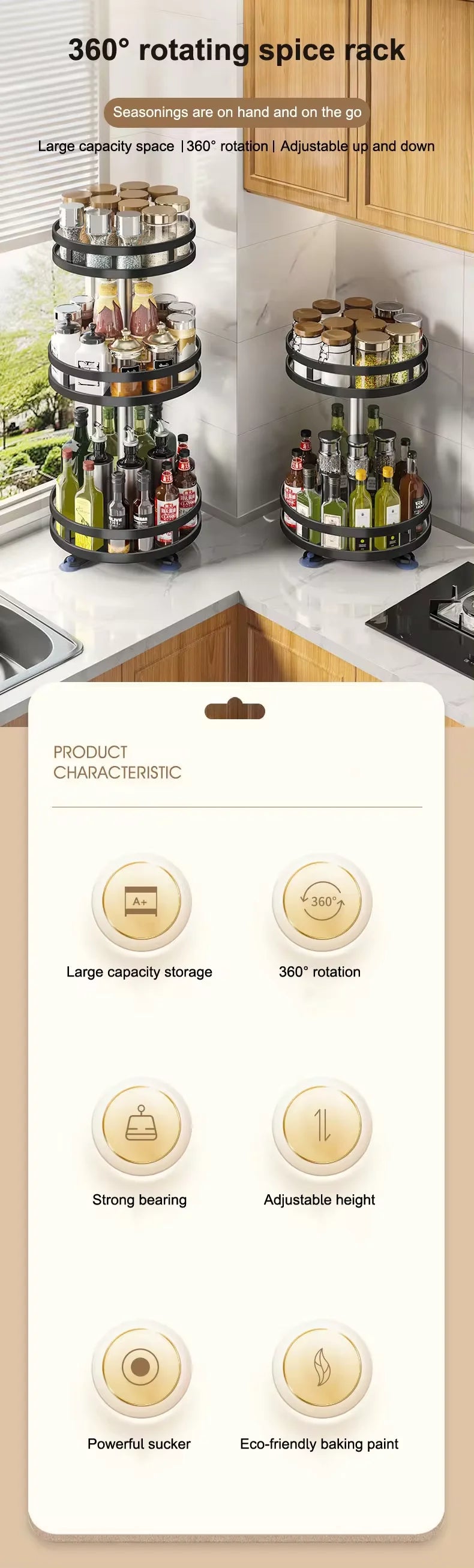 360°Rotating Kitchen Spice Storage Rack Organizer Desktop No Punching Home Multi-layer Round Rotating Spice Bottle Shelf Storage