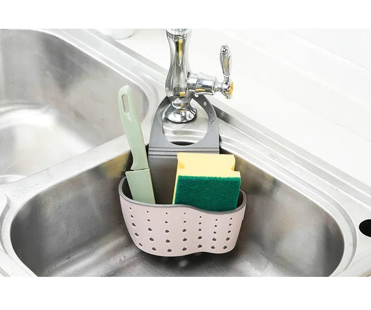 Bathroom and Kitchen Sink Accessories: Storage Holder with Suction Cup for Soap, Sponge and Drain Rack