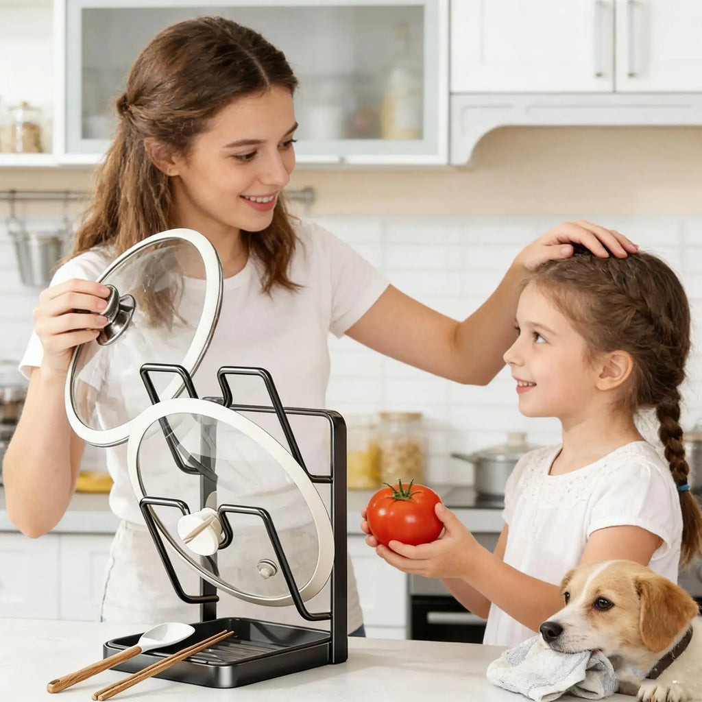 2 Tier Pot Lid Organizer Cutting Board Rack Pan Lid Holder for Kitchen Utensils Spatula Ladle Spoon Countertop Storage Solution