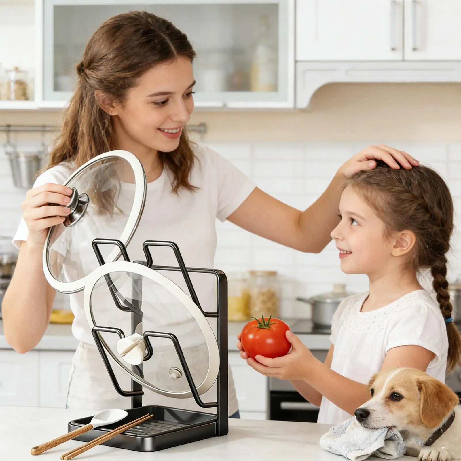 2 Tier Pot Lid Organizer Cutting Board Rack Pan Lid Holder for Kitchen Utensils Spatula Ladle Spoon Countertop Storage Solution