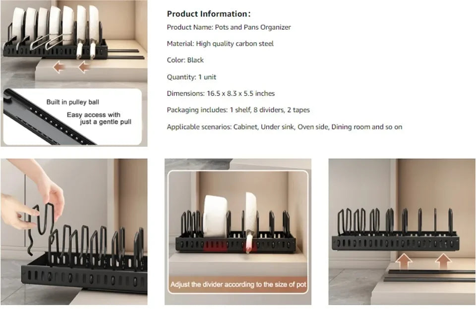 Kitchen Pull-Out Pot Rack Adjustable Cupboard Trays Dishes Partition Shelf with Slide Rails Organizer Tray Drawer Storage Racks