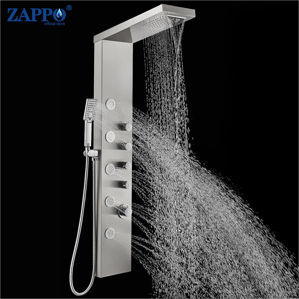 ZAPPO Shower Panel with Rainfall Waterfall Shower Head 5 Body Jets and 3-Function Handheld Rain Massage System Shower Column Tap