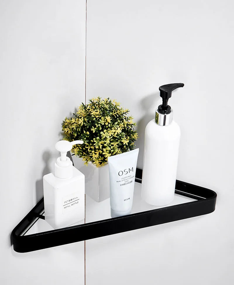 Black Bathroom Corner Rack 25-45cm Wall-mounted Bathroom Shower Rack Aluminum Toilet Storage Rack Glass Bathroom Shelf