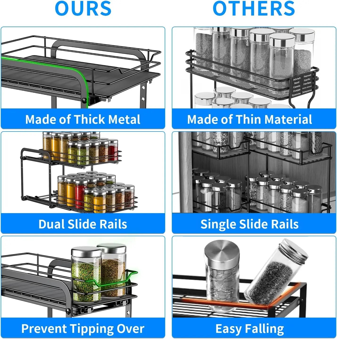Spice Rack Organizer for Cabinet 2 Tier Pull Out Spice Racks for Inside CabinetHeight Adjustable Heavy Duty Vertical Spice Shelf
