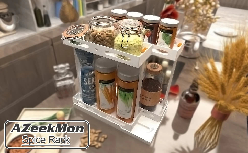 2 Tier Pull-out and Rotate Kitchen Spice Rack Multi-Function Seasoning Organizer for Kitchen Cabinet Pantry Counter-Top Supplies