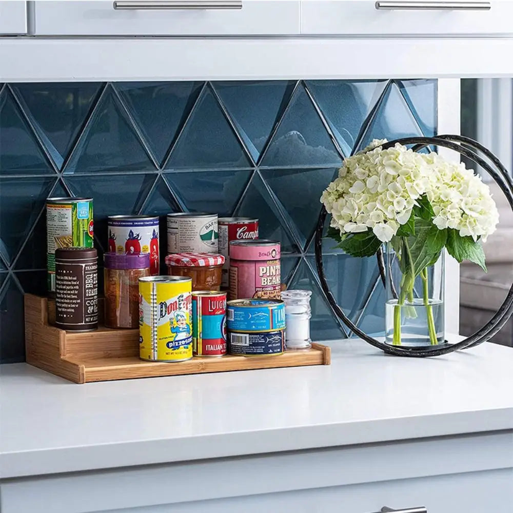 Solid Wooden 3-Tier Spice Rack Space-Saving Spice Display Seasoning Organizer Durable Multi-Tier Spice Jar Storage Set