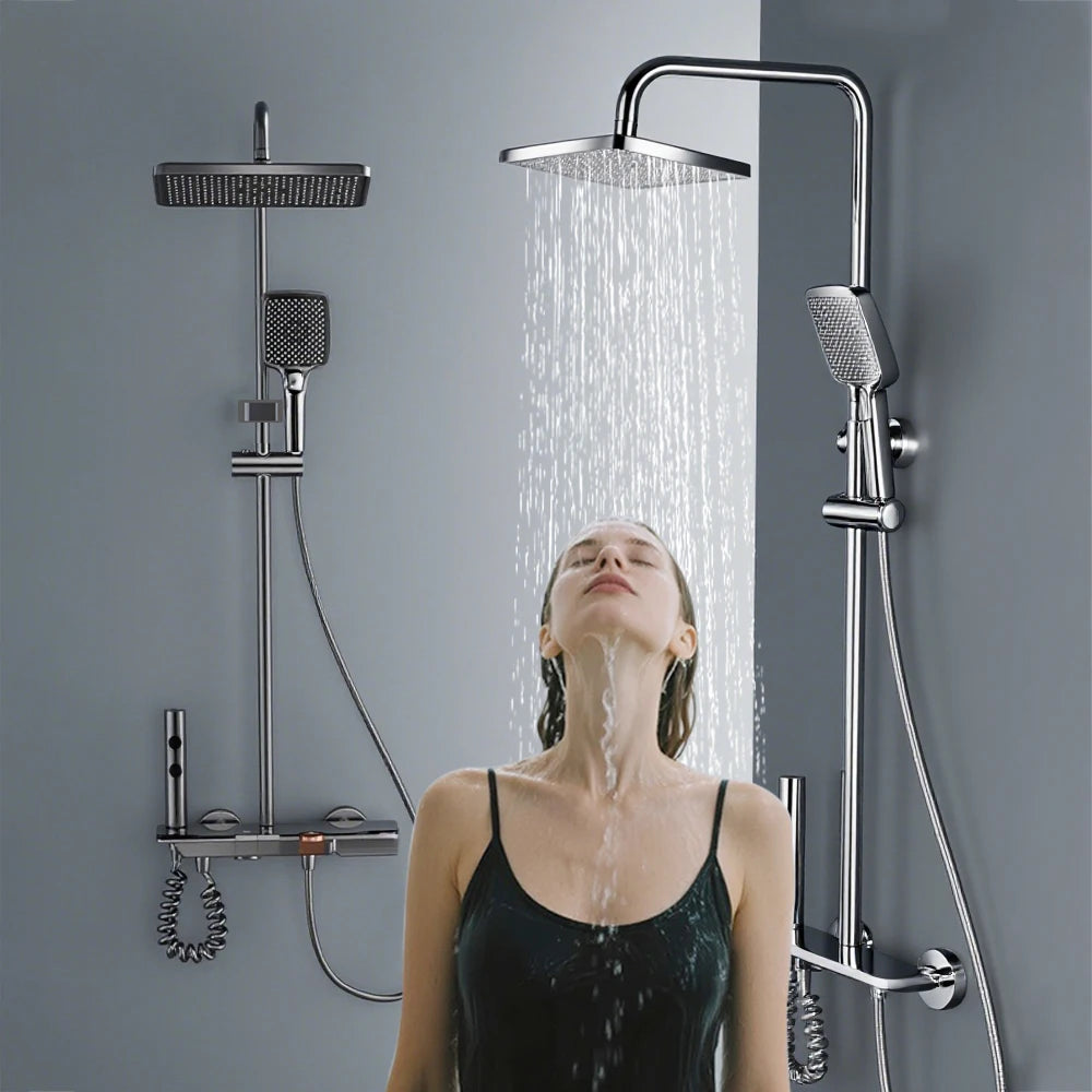 Tempered Glass Panel Rain Bathroom Shower Faucets Set Cold Hot Mixer Taps Rainfall Shower Faucet Complete Bathtub Showers System