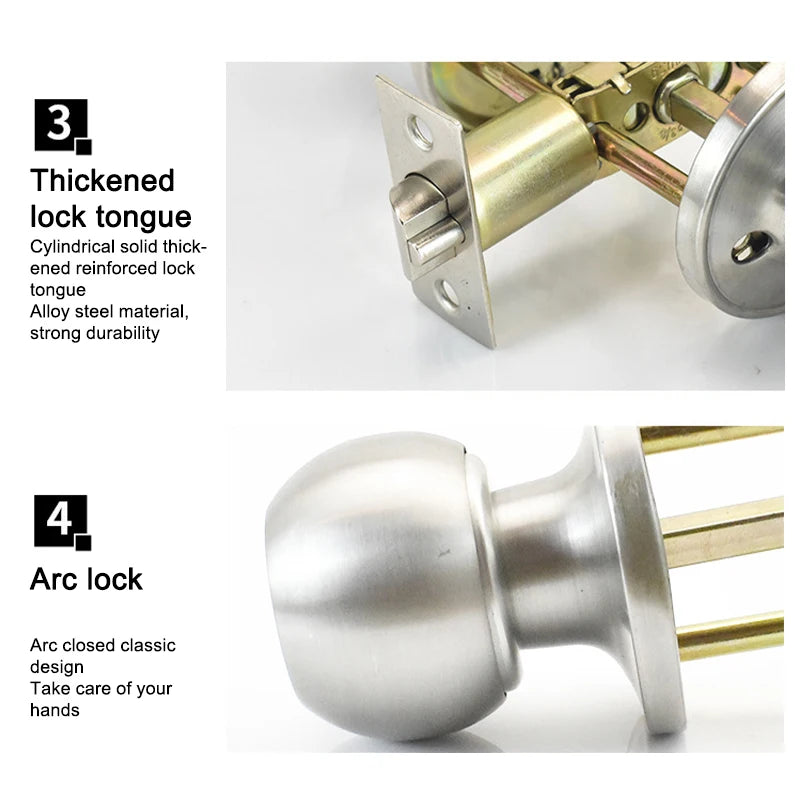 Interior Round Ball Door Knobs, Key Handles, Stainless Steel Locksets for Bathroom, Bedroom
