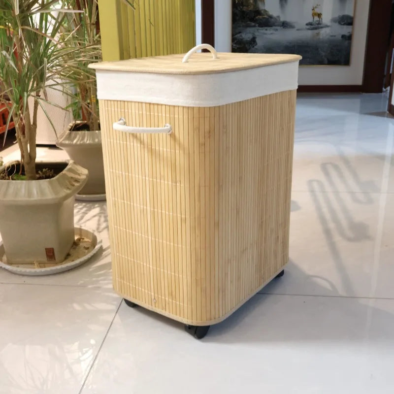 Dirty Laundry Basket Folding Storage Baskets Bamboo Clothes Storage Box with Lid Multifunctional Organizer Boxes with Wheels
