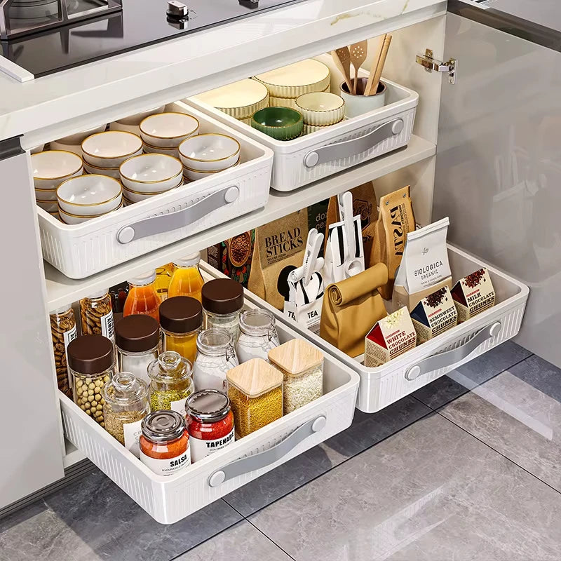 Kitchen Sliding Drawer Slide Rail Cabinet Clothes Spice Dish Bowl Pull Out Cabinet Organizer Tray with Handle Easy Carry