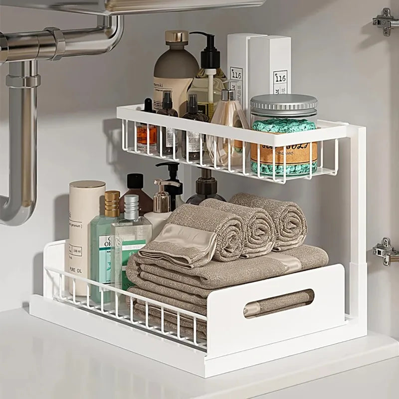 Under Sink 2 Tier Sliding Cabinet Basket Organizer Drawer Pull Out Cabinet Multi-Purpose Sink Organizer for Bathroom Kitchen