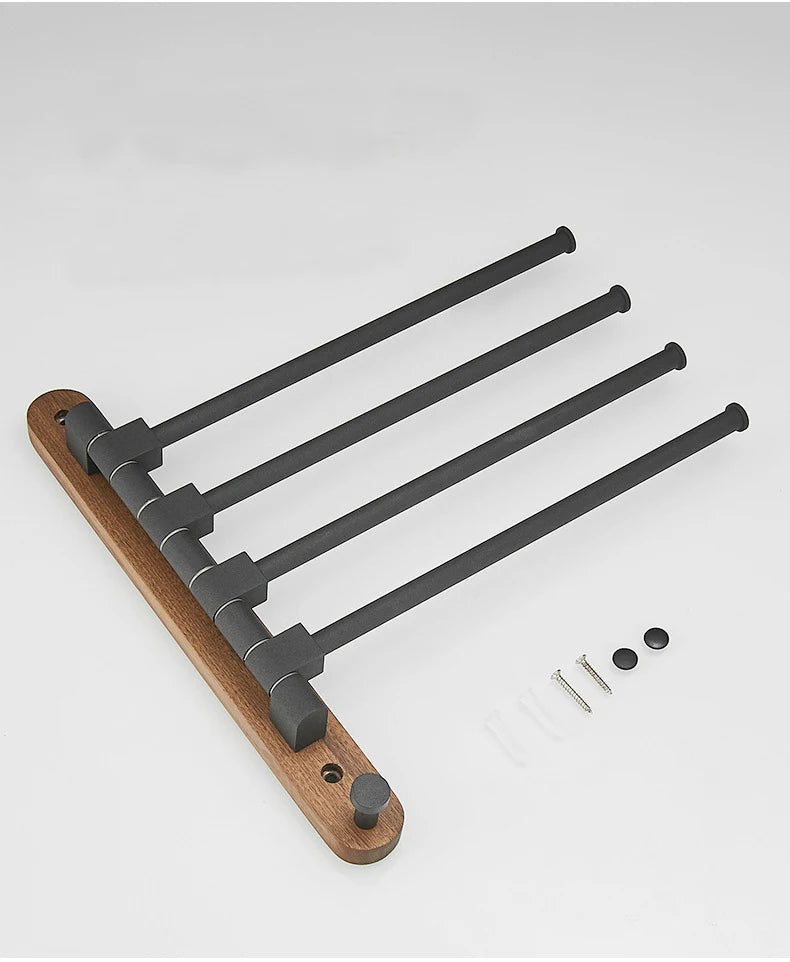 Bathroom Swivel Towel Rack, Wood & Matte Black Metal, 4-Arm Wall Mounted Towel Bar with Towel Ring, Space-Saving Towel Hanger