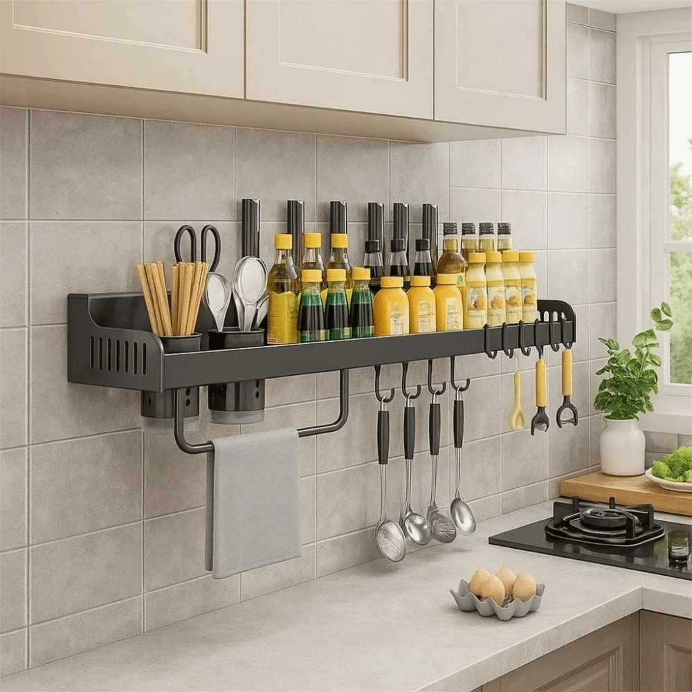 Wall Mounted Kitchen Storage Rack Moisture-Proof Anti-Rust Spice Rack Organizer No Punching Required Removab
