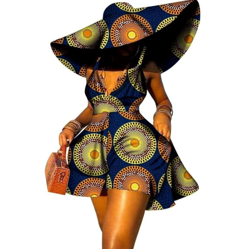 Women Summer Dress African Print Jumpsuit Sexy Sleeveless V-neck Short Pant with Hat Fashion African Clothes Lady Attire WY8844